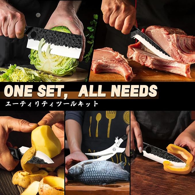 Golden Bird Japanese Chef Knife Set with Roll Bag, Hand Forged Butcher Knife Set for Meat Cutting, Outdoor BBQ Knives for Men, Christmas Gifts for Men Women