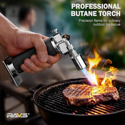 RAVS Butane Torch Lighter, Premium Metal Kitchen Torch with Adjustable Flame & Safety Buckle, Refillable Creme Brulee Torch for Baking, BBQ, DIY, Resin Art, Black, Butane Gas Not Included