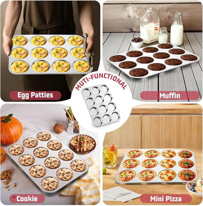 E-far Muffin Top Pan, 12-Cavity Stainless Steel Shallow Cupcake Pan for Yorkshire Pudding, Eggs, Whoopie Pie, Cornbread, Non-toxic & Dishwasher Safe - 2 Pcs