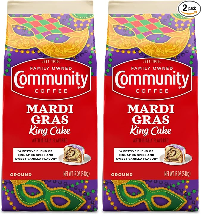 Community Coffee Mardi Gras King Cake Flavored 12 Ounces, Medium Roast Ground Coffee, 12 Ounce Bag (Pack of 2)