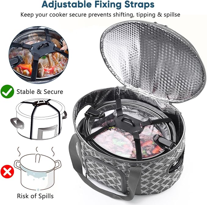 BAGSPRITE Double-layer Slow Cooker Carrying Case for Crock Pot 6-8 Quart, Insulated Crockpot Carrier with Adjustable Lid Straps,Portable Slow Cooker Travel Bag for Potluck, Parties, Family Gatherings