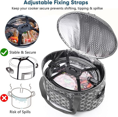 BAGSPRITE Double-layer Slow Cooker Carrying Case for Crock Pot 6-8 Quart, Insulated Crockpot Carrier with Adjustable Lid Straps,Portable Slow Cooker Travel Bag for Potluck, Parties, Family Gatherings