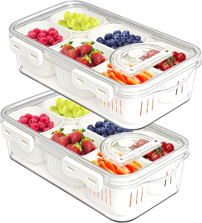 2Pack Divided Food Serving Tray with Lids Stackable Snackle Box for Candy Nuts Spice Fruit&Veggie Container with 6 Small Dividers Plastic Storage Bins for Fridge Pantry Freezer