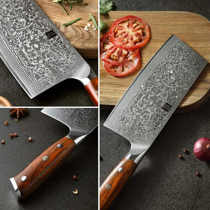 XINZUO 7 Inch Chinese Meat Cleaver Knife-Real 67 Layers Damascus Butcher Knife-Suitable for Meat/Vegetable Cleaver-Ultral Sharp-Natural Rosewood Handle-Yu Series