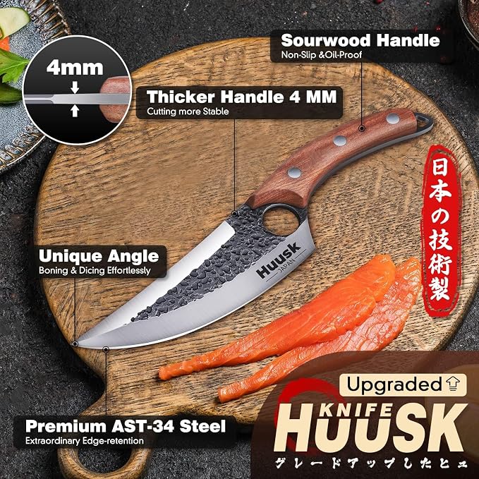 Huusk Chef Knives with Sheath, Hand Forged Viking Knife, Japanese Butcher Knife, Cool Caveman Knives for Kitchen and Outdoor Camping, Gift for Men and Women
