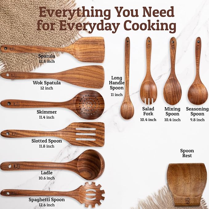 PriorityChef Wooden Spoons for Cooking, Premium 10pc Teak Wood Utensil Set with Hanging Hooks and Spoon Rest
