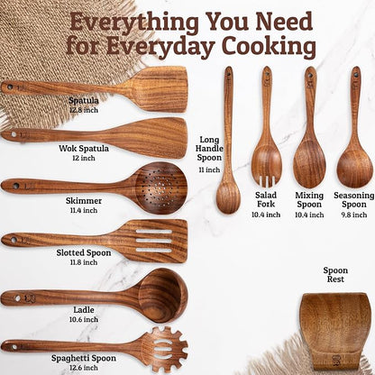 PriorityChef Wooden Spoons for Cooking, Premium 10pc Teak Wood Utensil Set with Hanging Hooks and Spoon Rest