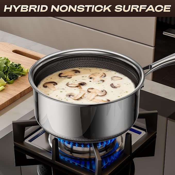 Stainless Steel Pots and Pans Set,6 Piece Nonstick Cookware Set,1,2 and 4 Quart Pots Set with Glass Lids,PFAS PFOA PTFE Free,Stay-Cool Handle,Dishwasher-Friendly,Oven-Safe,Compatible with All Cooktops
