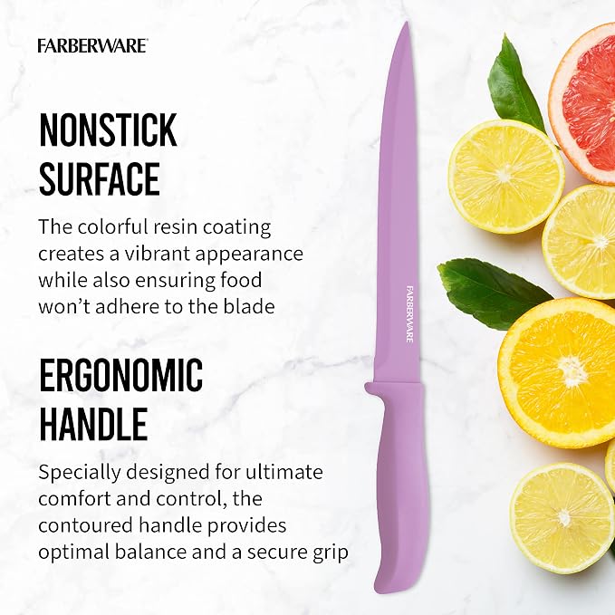 Farberware Resin Cutlery Set, 12 Piece, Pastel, Stick Resistant Blades, Ergonomic Grip ANDBalance, Blade Covers Included, Perfect for Back to College and First Kitchens