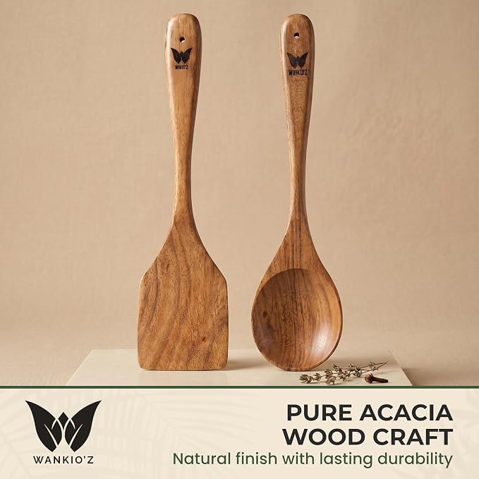 WANKIO'Z Acacia Wood Kitchen Utensil Set – 12" Handcrafted Wooden Spatula & Spoon | Complete Cooking & Serving Set | Safe for Nonstick Cookware | Premium Gift-Ready Packaging