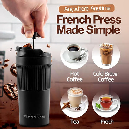 15oz Double Wall Stainless Steel Insulated French Press Coffee and Tea Maker - Portable Camping Mug and Tumbler - Heat Retaining, Leak-Proof, Travel-Friendly for Office and Outdoor Adventures (Silver)