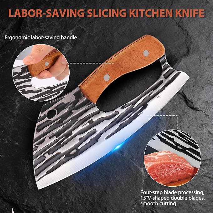 2 Pcs Meat Cleaver Knife Set, Effort Saving Meat Cleaver for Cutting Meat Vegetable, Sharp Carbon Steel Cooking Viking Knife with Leather Sheath for Kitchen, Camping, Outdoor Cooking, BBQ Gift