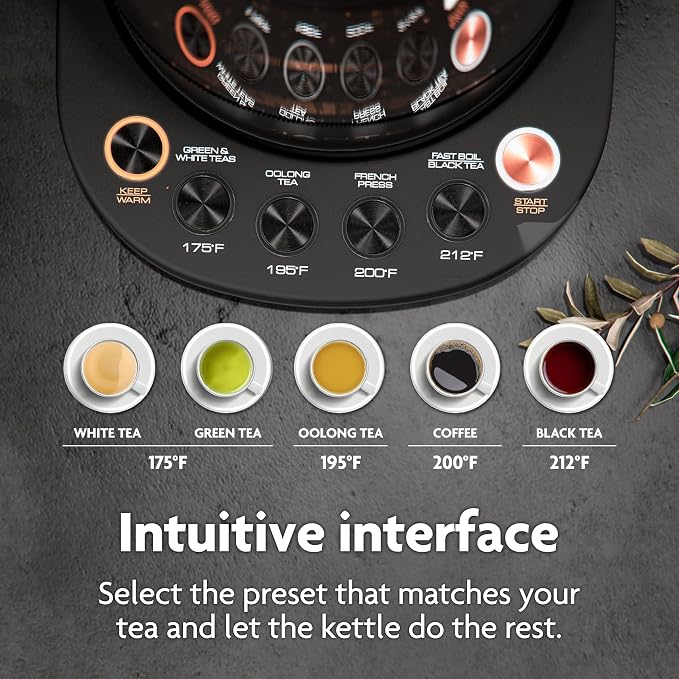 Viante Alba Electric Tea Kettle with Infuser, No Plastic In Contact With Water, 1.5L Borosilicate Glass, 304 Stainless Steel, 4 Temperature Presets, Keep Warm, Cordless, Auto Shut-Off, Black