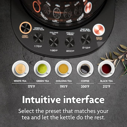 Viante Alba Electric Tea Kettle with Infuser, No Plastic In Contact With Water, 1.5L Borosilicate Glass, 304 Stainless Steel, 4 Temperature Presets, Keep Warm, Cordless, Auto Shut-Off, Black