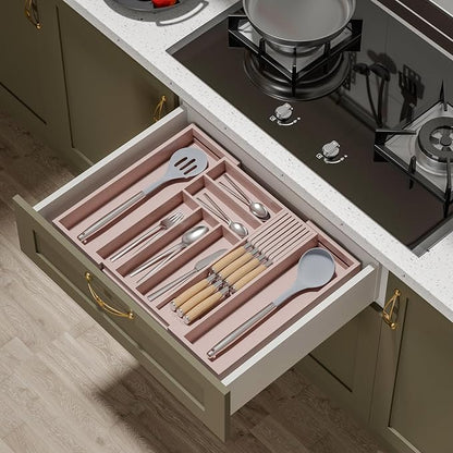 TIOPGHAD Bamboo-Silverware-Drawer-Organizer-Kitchen, Expandable Utensil Holder Cutlery Tray Flatware Organization Adjustable Wood Tableware Dividers Storage (with Removable Knife Block)(Grey Pink)