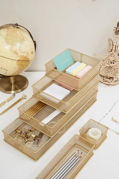 Annova Mesh Stackable Drawer Cabinet and Shelf Organizer Bins Storage Basket School Office Supply Holder Tray- Set of 2 (Gold, 3x6x2 Inch)