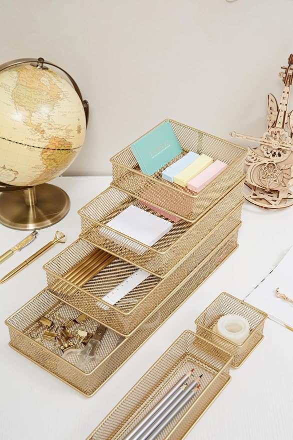 Annova Mesh Stackable Drawer Cabinet and Shelf Organizer Bins Storage Basket School Office Supply Holder Tray- Set of 2 (Gold, 3x12x2 Inch)