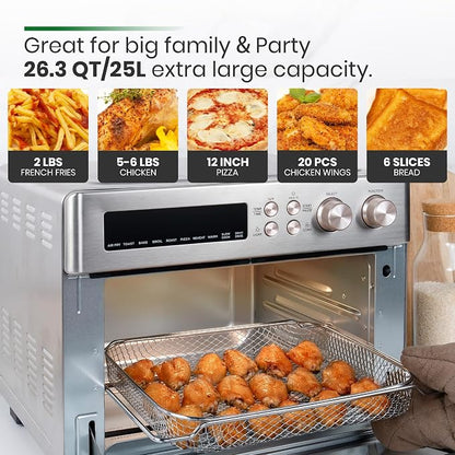 VAL CUCINA Infrared Heating 26.3 QT Air Fryer Toaster Oven, Large Countertop Convection Oven 10-in-1 Combo, 6-Slice Toast, Enamel Baking Pan Easy Clean with Recipe Book, Brushed Stainless Steel Finish