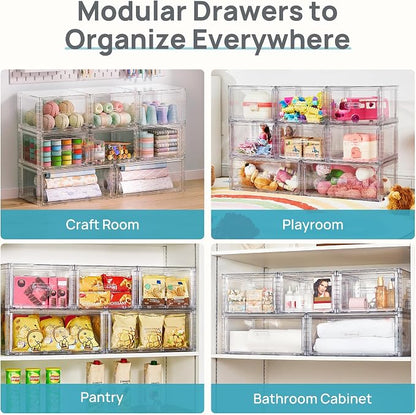 Vtopmart 6 Pack Clear Stackable Storage Bins 15QT, Easily Assemble Bathroom Organizers,Plastic Storage Bins for Kitchen Pantry,Under Sink Organization(Medium)