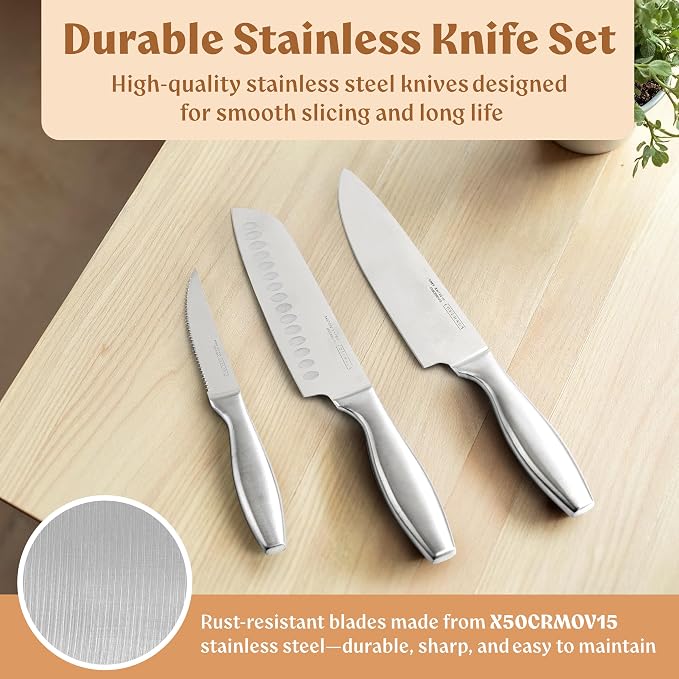 EDELHAUS Knife Set with Block, 9 pcs Kitchen Knife Block Set | Professional Knife Block with Sharpener & Scissors, Stainless Steel Kitchen Knife Set with Acacia Wood Block & Steel Handles