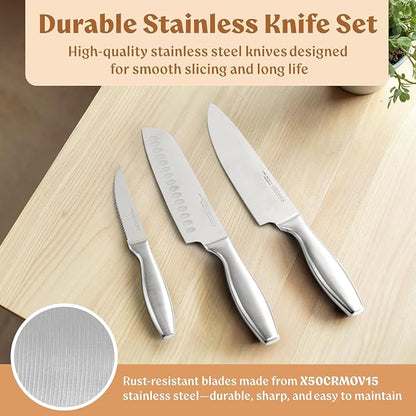 EDELHAUS Knife Set with Block, 9 pcs Kitchen Knife Block Set | Professional Knife Block with Sharpener & Scissors, Stainless Steel Kitchen Knife Set with Acacia Wood Block & Steel Handles