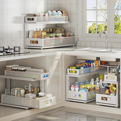 2 Pack 21.3IN-Depth Under Sink Organizer With Next-Gen Ball-Bearing Slides,2-Tier Pull Out Cabinet Storage,Height Adjustable Drawer Shelf for Bathroom,Kitchen,Laundry,Cabinet,Pantry-White