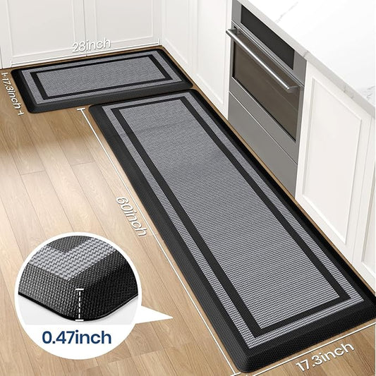 KitchenClouds [2 PCS] Kitchen Rugs Cushioned Anti-Fatigue Kitchen Mats for Floor Waterproof Kitchen Rug Set Non-Slip Comfort Standing Mat for Office, Sink, Laundry 17.3"×28"+17.3"×60",Black