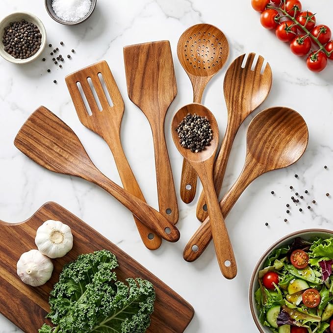 7 Pcs Acacia Wood Cooking Utensils Set Large Wooden Spoons for Cooking Spatula Salad Mixing Spoon Non Toxic Utensil for Kitchen Use Spatulas Non Stick Turner Slotted Serving Spoon Kitchen Utensils