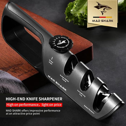 MAD SHARK Knife Sharpener, 6 Adjustable Sharpening Angle, Coarse & Fine Knife Sharpener Tool, Handheld Manual Knives Sharpener for Kitchen Knives, Pocket , Scissors, LARGE, Black