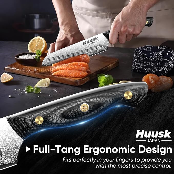 Huusk Damascus Santoku Knife 7 inch, Japanese Knives with Sharp Edge and Wooden Handle Hand Forged Chef Knives for Home Use, Meat Vegetables Fish Knives, Christmas Gift for Men and Women