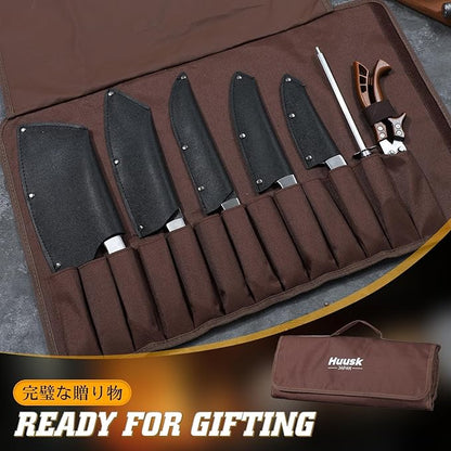 Huusk Butcher Knife Set 7 PCS - Japanese Chef Knife Set with Sharpening Rod, Kitchen Scissors & Portable Roll Bag, Hand Forged Cooking Knives for BBQ Camping Kitchen, Gifts for Men Women
