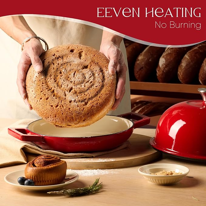 CAROTE Enameled Cast Iron Bread Dutch Oven, Round Bread Oven Pot with Dome Lid for Homemade Sourdough Bread Baking, Healthy & Non-Toxic, Dual Handles, All Stovetop Compatible, Oven Safe up to 500° F, 5 Quarts, 9 Inches, Red