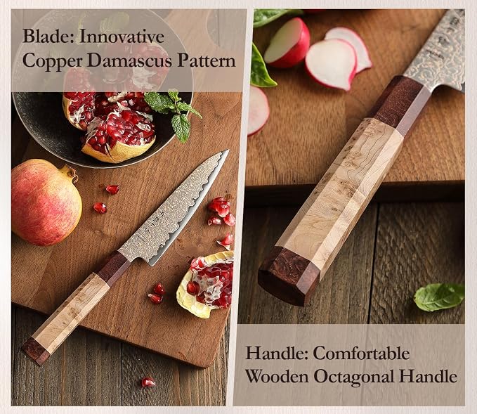 HEZHEN Kitchen Utility Knife, 5.5 Inches, 37 Layers Tricolor Copper Damascus Steel, Vegetable Fruit Knife, for Chefs and Home Cooking Using, Razor Sharp,Sycamore Wood Handle