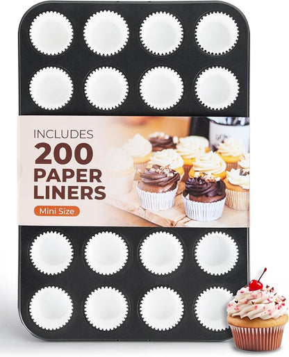 CARTMAN 24-Cup Mini Muffin Pan with 200 Paper Liners, Non-Stick Carbon Steel Mini Muffin Tin for Even Baking, Ideal for Cupcakes, Egg Bites, and Party Treats
