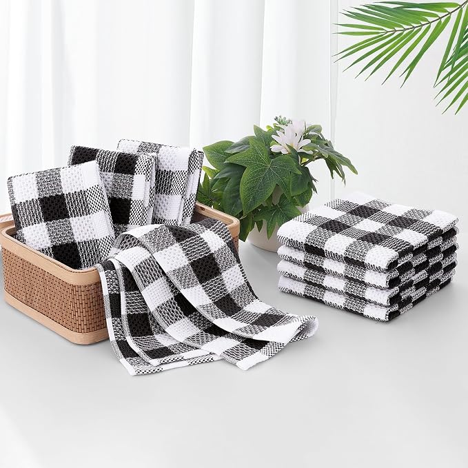 Homaxy Kitchen Towels and Dishcloths Set, 12" x 12" and 13" x 28", Set of 8 Bulk Cotton Waffle Weave Dish Towels, Super Soft Absorbent Hand Towels for Kitchen, Black & White