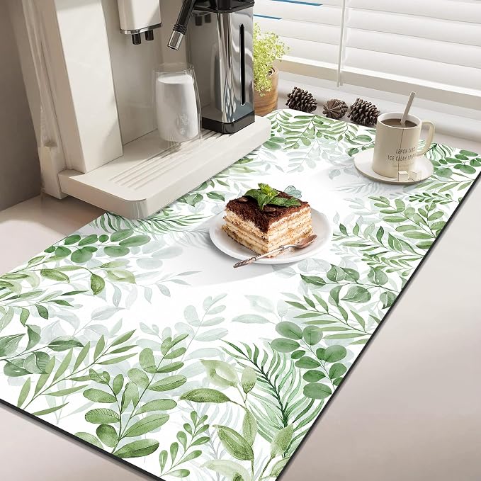 LOKHOM Dish Drying Mat for Kitchen Counter, 17"x32" Absorbent Mat with Green Plant & Butterfly Pattern, Drain Rack Mat for Counter Coffee Maker, Dining Room Decor
