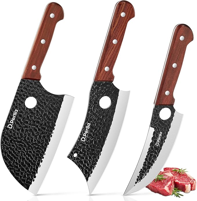 D.Perlla Butcher Knife set 3PCS Chef Knife Set for Meat Cutting, Serbian Chef Knives Set and Viking Knife with Wooden Handle, Forged Cleaver knive Set for Outdoor BBQ and Camping with Gift Box