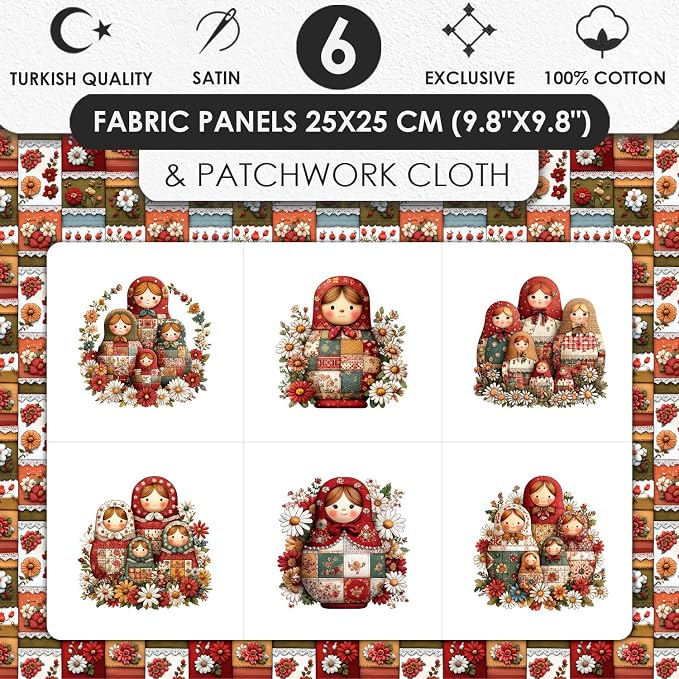 Matryoshka Patchwork Quilting Fabric Panel – 6× (10×10 inch) Blocks + Bonus Patchwork Sheet 29.5×19.6 inch, 100% Cotton 140 GSM, Floral Russian Doll Theme