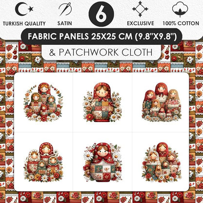 Matryoshka Patchwork Quilting Fabric Panel – 6× (10×10 inch) Blocks + Bonus Patchwork Sheet 29.5×19.6 inch, 100% Cotton 140 GSM, Floral Russian Doll Theme