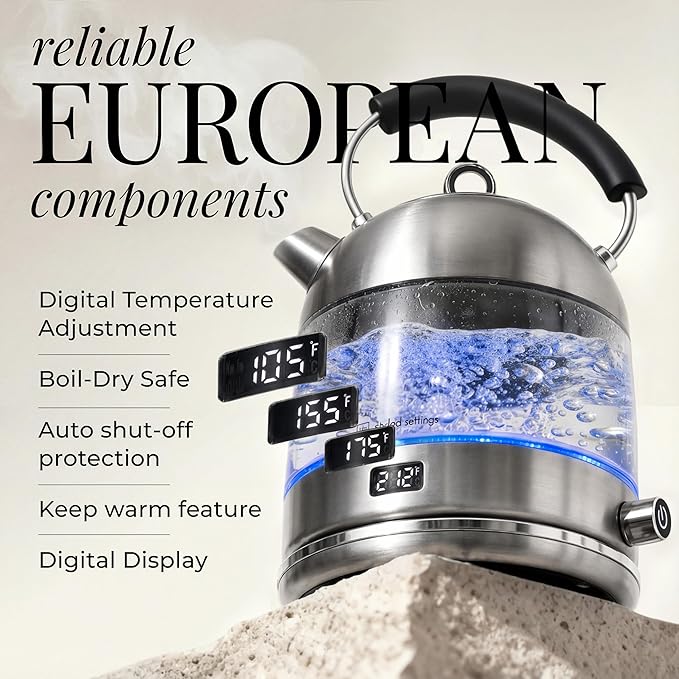 Stainless Steel Electric Kettle with Temperature Control - BPA and Plastic Free Electric Kettle with Keep Warm Function, Borosilicate Glass - Fast 1500W Hot Water Boiler, Auto Shut-Off