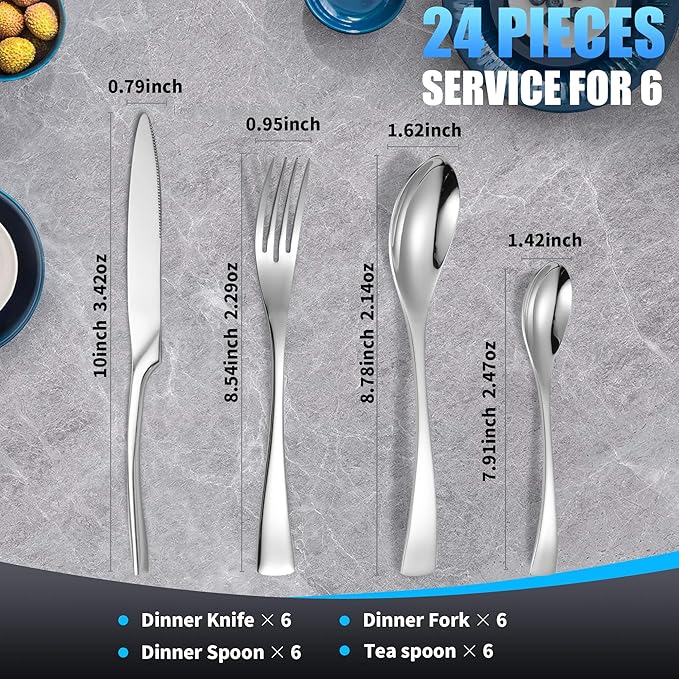Lemeya 24 Pieces Silverware Set for 6,Heavy Duty 18/10 Stainless Steel Flatware Set with Forged Stand Knife,Modern Cutlery Utensil Set,Mirror Polished,Dishwasher Safe