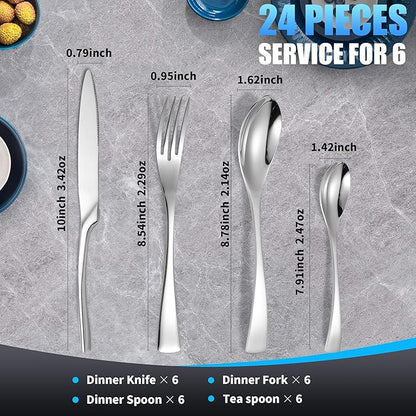 Lemeya 24 Pieces Silverware Set for 6,Heavy Duty 18/10 Stainless Steel Flatware Set with Forged Stand Knife,Modern Cutlery Utensil Set,Mirror Polished,Dishwasher Safe