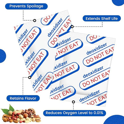 400CC Oxygen Absorbers for Long Term Food Storage, 100 Count (10 Packs of 10) - Food Grade for Mylar Bags, Airtight Containers, Freeze Dryer & Dehydrator, White