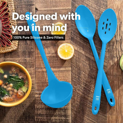 DI ORO Silicone Ladle & Spoons for Cooking – Large Kitchen Spoons for Mixing, Serving, & Stirring - Soup Ladle with Wide Bowl - High Heat Silicone Kitchen Utensils for Nonstick Cookware Safe (Blue)