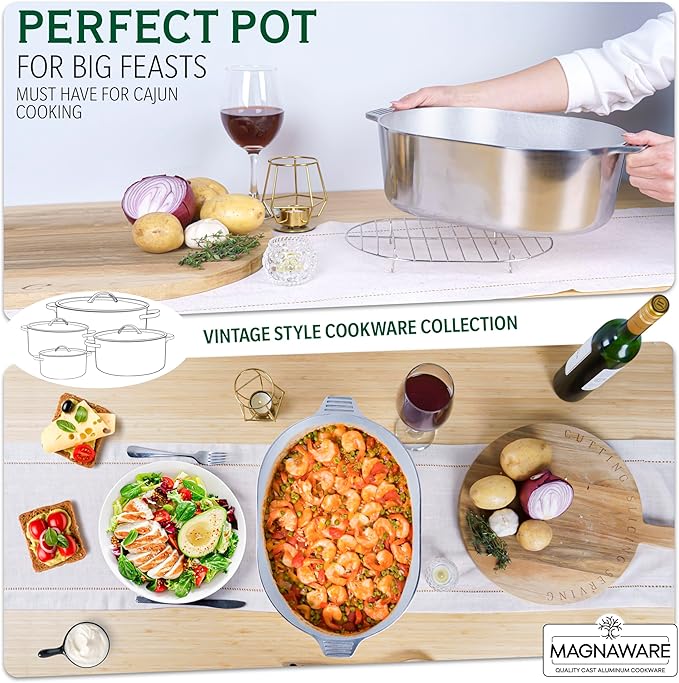MAGNAWARE Cast Aluminum Oval Dutch Oven with Lid - 10 QT Heavy Duty & Lightweight Roaster Pan with Rack & Silicone Cover Dual Handles — Cajun Cookware for Roasting, Baking, Cooking (15" - Large)