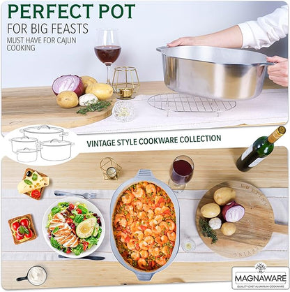 MAGNAWARE Cast Aluminum Oval Dutch Oven with Lid - 10 QT Heavy Duty & Lightweight Roaster Pan with Rack & Silicone Cover Dual Handles — Cajun Cookware for Roasting, Baking, Cooking (15" - Large)