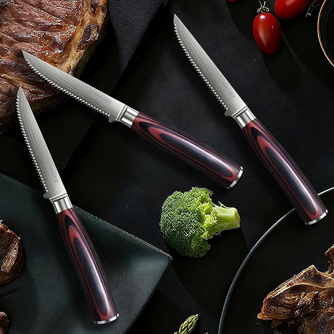 DiiHAUZZ Steak Knives Set of 6, Serrated Steak Knife Set 4.5 Inch, Ultra Sharp Forged High Carbon Stainless Steel Dinner Knife with Ergonomic Pakkawood Handle, Damascus Pattern and Gift Box
