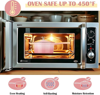 E-far Enameled Cast Iron Sauce Pan, 2 Quart Dutch Oven Saucepan with Lid, Small Sauce Pot for Cooking, Boiling, Healthy & Non Toxic, Induction & Oven Safe, Pink