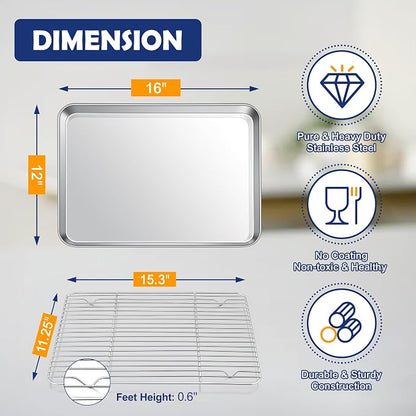 16 Inch Baking Sheet Pan with Rack Set, Joyfair Stainless Steel Toaster Oven Pans Tray & Cooling Racks for Cookie/Jelly Roll/Bacon/Meat, Commercial Metal & Rust-free, Dishwasher Safe