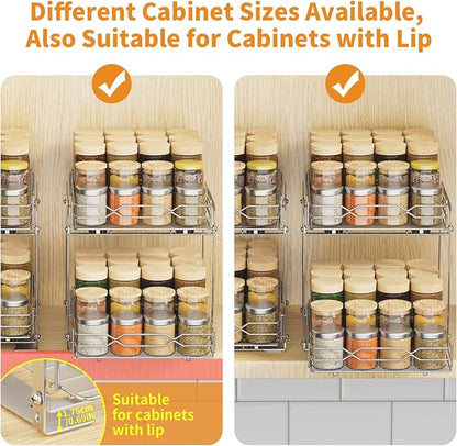Pull Out Spice Rack Organizer for Inside Cabinet, 2 Tier Spice Rack Spice Organization for Cabinet 6 Height Adjustable, Seasoning Organizer, 9.2"W x 10.4"D x 9.8"H (Also for Cabinet with Lip)
